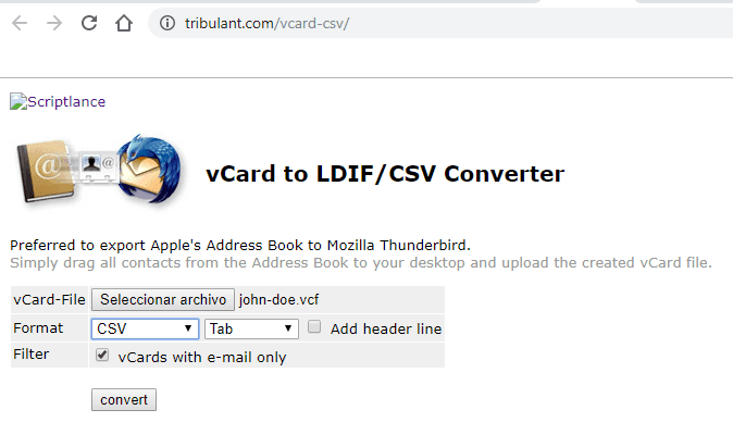 convert csv to vcard